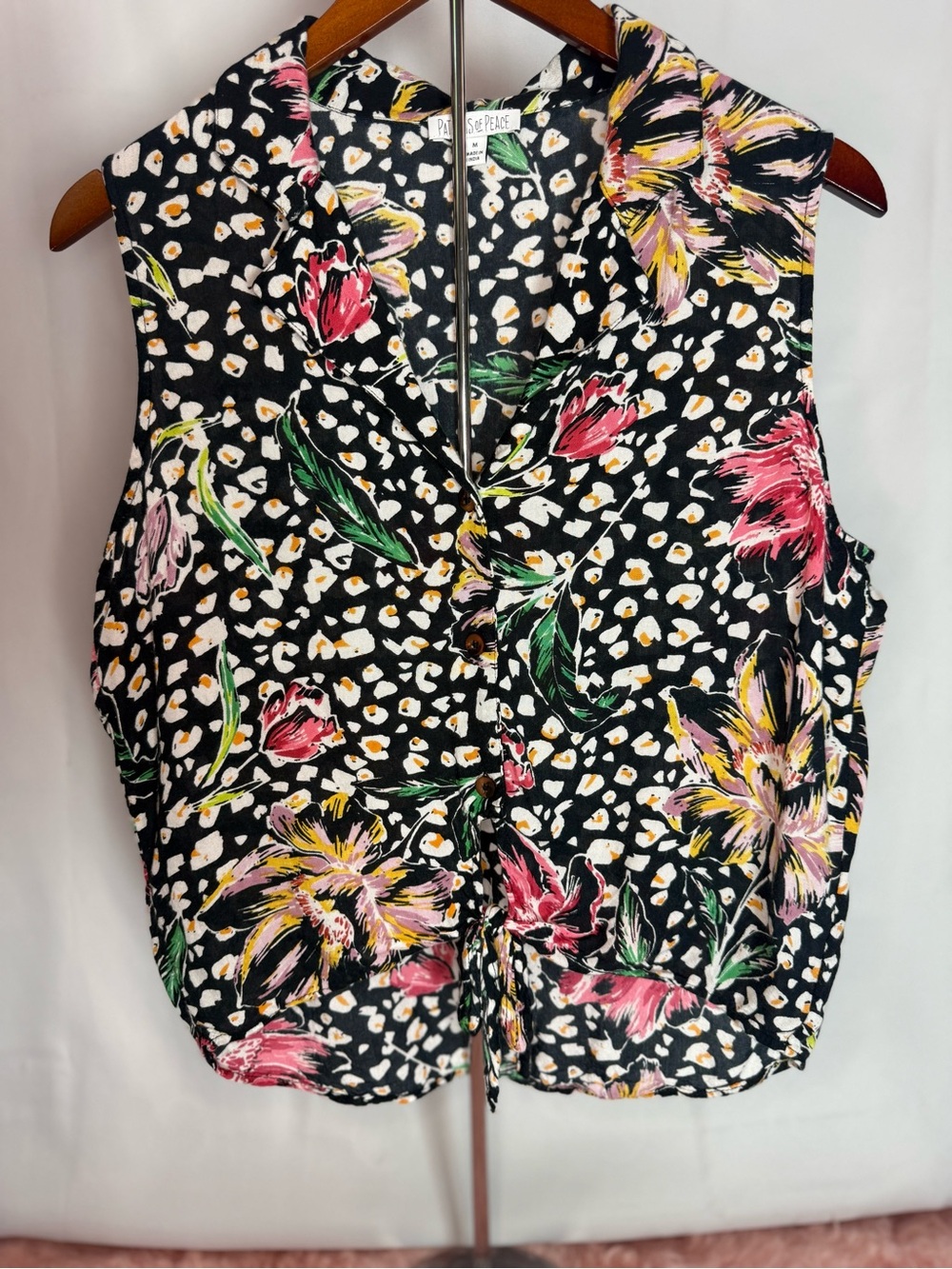 Free People Patrons of Peace - Black Sleeveless Floral Button-Front Top - Size M